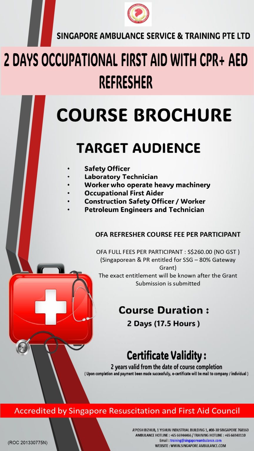 Refresher Occupational First Aid Course with CPR+AED Singapore Ambulance
