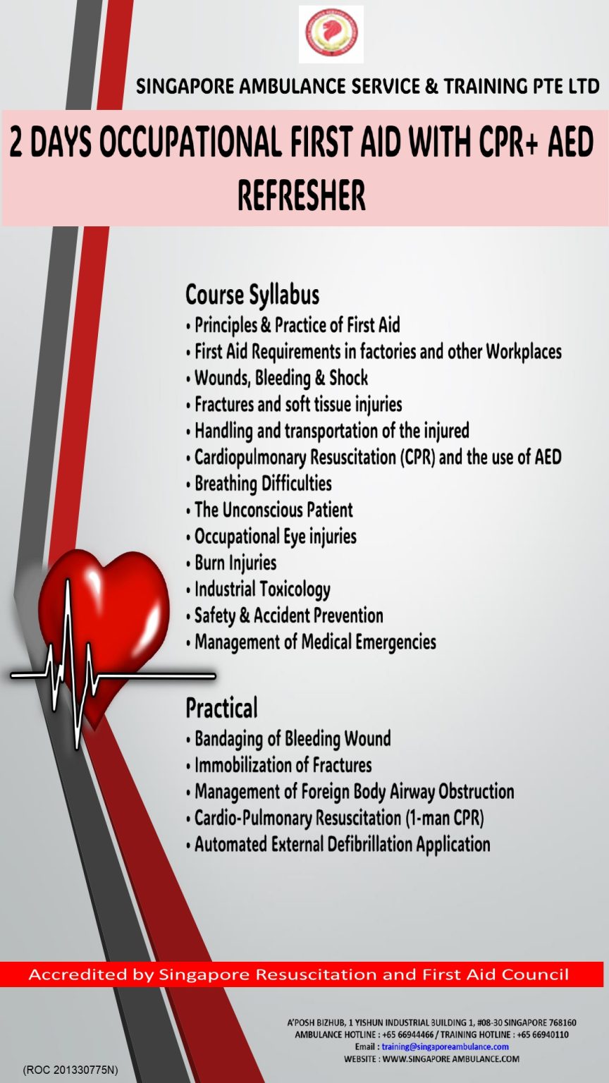 Refresher Occupational First Aid Course with CPR+AED Singapore Ambulance