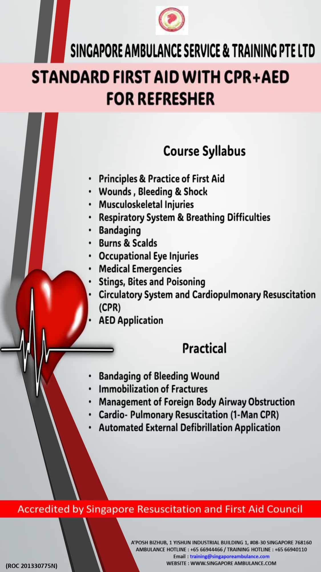 Refresher Standard First Aid With CPR+AED Course Singapore Ambulance